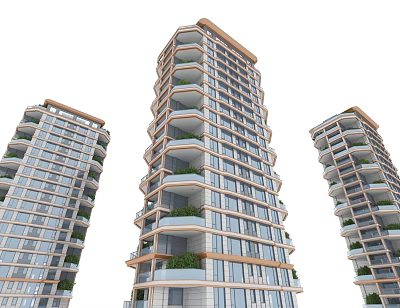 Modern High Rise Residential Buildings With Glass Facades Balconies And Green Plants 3d model