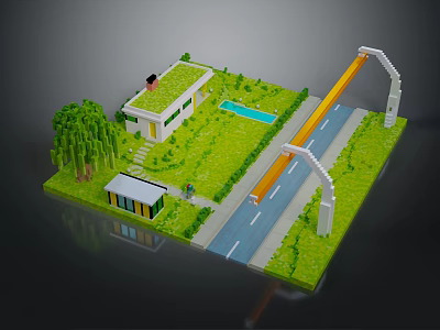 Modern Miniature Scene With Green Roof Building Swimming Pool And Trees 3d model