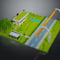 Modern Miniature Scene With Green Roof Building Swimming Pool And Trees