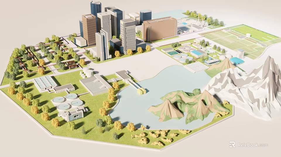 Urban City Building Complex Design With High Rise Architecture Mountains Lake And Green Landscaping 3d model 
