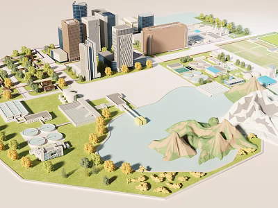 Urban City Building Complex Design With High Rise Architecture Mountains Lake And Green Landscaping 3d model