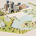 Urban City Building Complex Design With High Rise Architecture Mountains Lake And Green Landscaping