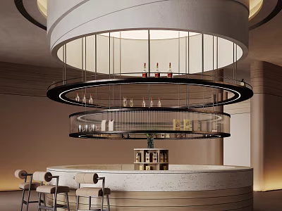 Modern Sales Office Interior With Round Bar Counter Wine Glasses Bottles Hanging Pendant Lights And Chairs 3d model