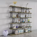 Modern Multi Tiered Bookcase With Metal Frames Wooden Shelves Books And Decorative Figurines