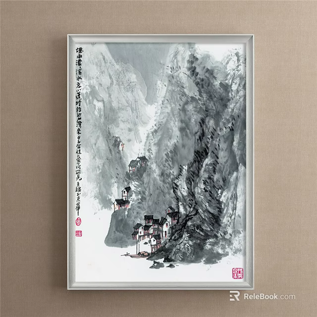 Chinese Ink Style Landscape Painting With Mountain Peaks And Traditional Houses 3d model 