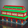 Cartoon Style Two Story Traditional Chinese Building With Green Roof Red Pillars And Windows