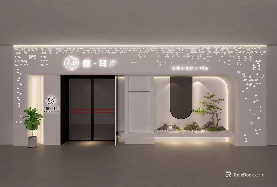 Modern Mall Store Entrance With Glass Door Hollow Out Wall Plant Decoration And Lighting 3d model 