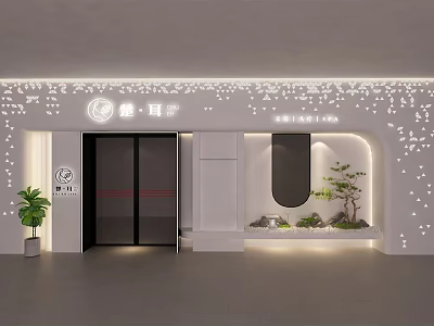 Modern Mall Store Entrance With Glass Door Hollow Out Wall Plant Decoration And Lighting 3d model