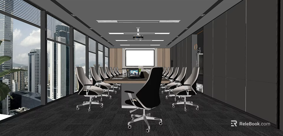 Modern Conference Room Interior With Projection Screen Multiple Chairs And Large Windows 3d model