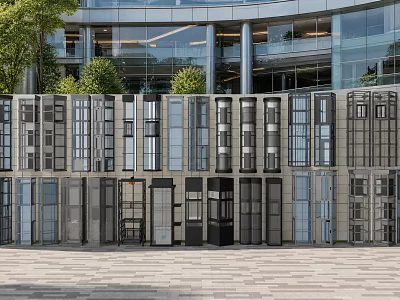 Multiple Modern Glass Elevators in Commercial Building Exterior With Sleek Metal Frames 3d model
