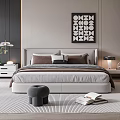 Modern Bedroom Interior Design With Comfortable Bed Nightstands Plants Artwork Wardrobe And Rug