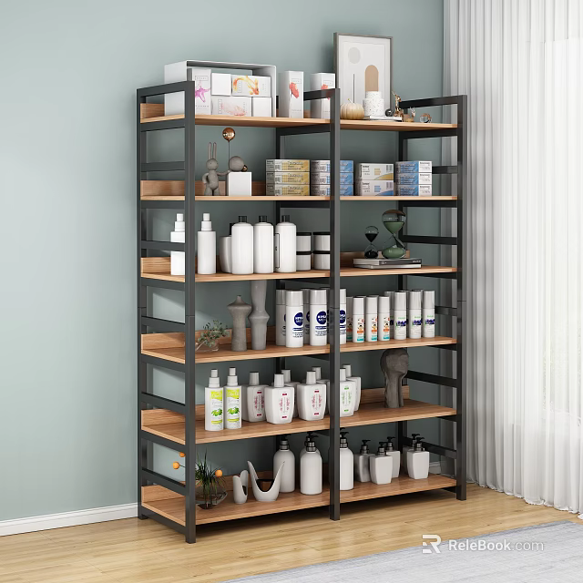 Modern Multilayer Storage Shelving Unit With Black Metal Frame Wooden Shelves Organized Bottles Boxes Decorations 3d model 