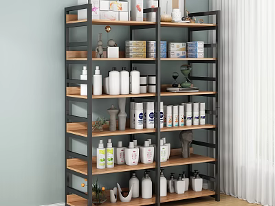 Modern Multilayer Storage Shelving Unit With Black Metal Frame Wooden Shelves Organized Bottles Boxes Decorations 3d model