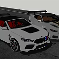 Two Sporty Sports Cars With Rear Spoilers White And Black Yellow Striped On Road