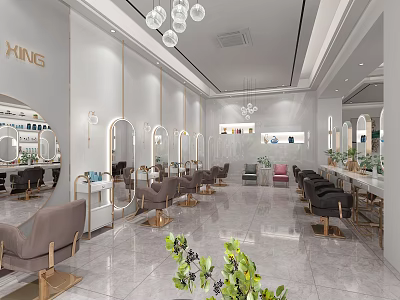 Elegant Modern Hair Salon Interior With Stylish Chandelier Mirrors Chairs And Green Plants 3d model