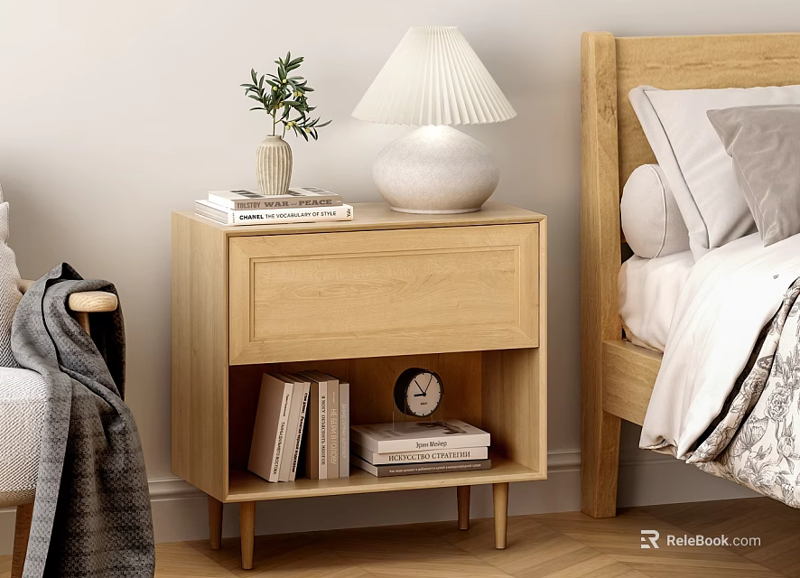 Natural Wooden Bedside Table With Drawer Open Shelf Table Lamp Clock And Books In Bedroom 3d model 