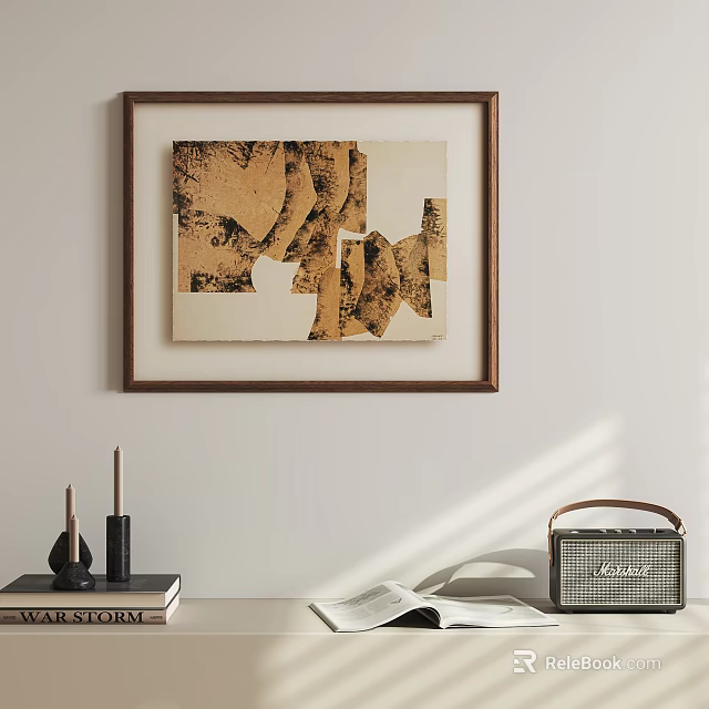 Abstract Painting Featuring Brown and Beige Geometric Shapes in Brown Frame Hanging on Light Wall 3d model 