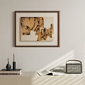 Abstract Painting Featuring Brown and Beige Geometric Shapes in Brown Frame Hanging on Light Wall