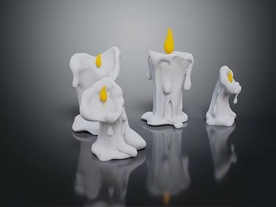 White Candles With Melting Wax And Yellow Flames On Black Background Reflections 3d model