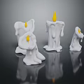 White Candles With Melting Wax And Yellow Flames On Black Background Reflections
