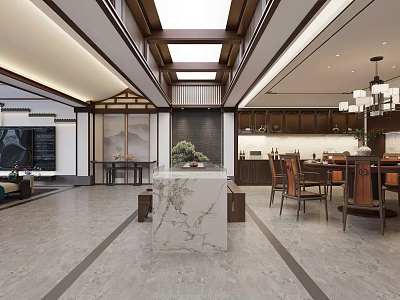 Traditional Chinese Living And Dining Room Interior With Wooden Furniture Marble Countertop And Chandelier 3d model