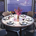 Elegant Round Dining Table Set with Six Chairs Tableware Floral Centerpiece Chandelier and Large Windows