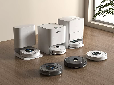 Smart Machines Robotic Vacuums with Charging Bases on Wooden Floor in Modern Home 3d model