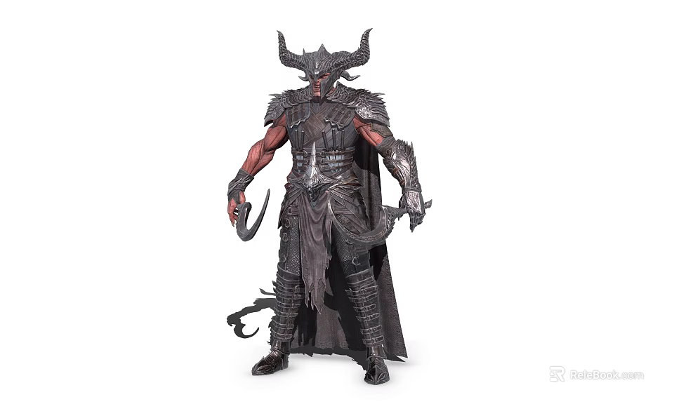 Game Movie Character Horned Red Skin Warrior With Metallic Armor And Cloak 3d model 