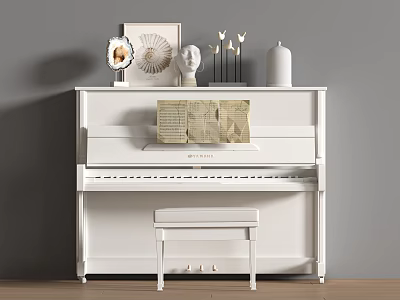Elegant White Piano Instrument With Art Supplies Sheet Music And Decor Items 3d model