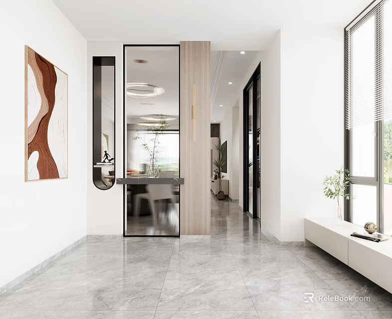 Modern Entryway Hallway Interior Design With Marble Floor Mirror And Wooden Accents 3d model 