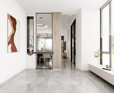 Modern Entryway Hallway Interior Design With Marble Floor Mirror And Wooden Accents 3d model