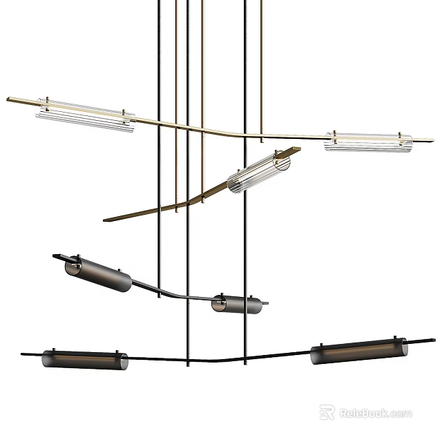 Modern Chandelier Design With Metal Frame And Hanging Light Tubes In Various Shapes 3d model 