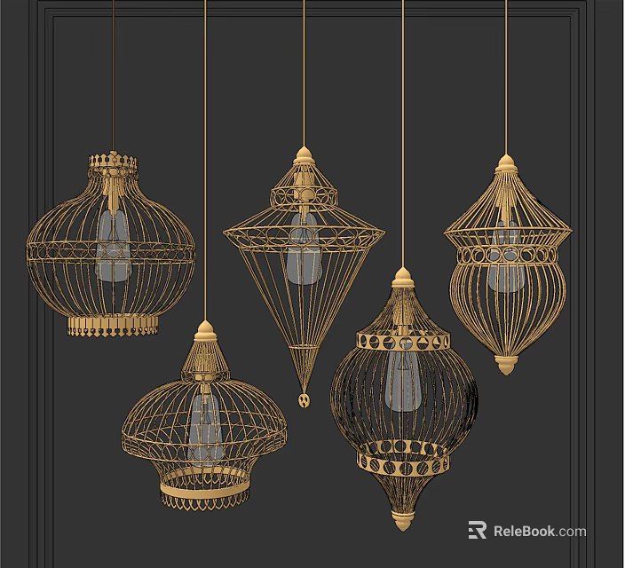 Golden Hanging Pendant Lights with Intricate Geometric Patterns and Decorative Frames 3d model 