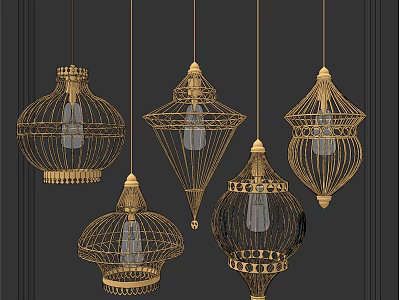 Golden Hanging Pendant Lights with Intricate Geometric Patterns and Decorative Frames 3d model