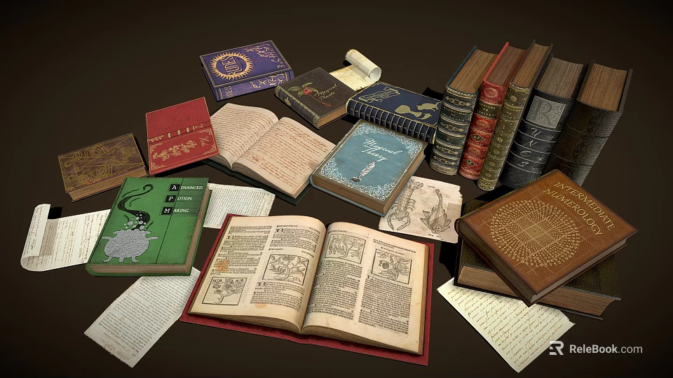 Vintage Books Collection With Open Illustrated Pages Stacked Hardcovers And Scattered Papers 3d model 