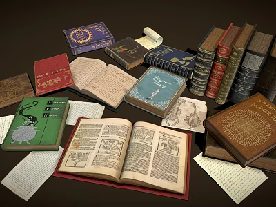 Vintage Books Collection With Open Illustrated Pages Stacked Hardcovers And Scattered Papers 3d model