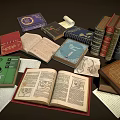 Vintage Books Collection With Open Illustrated Pages Stacked Hardcovers And Scattered Papers