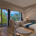 Serene Hotel Room Interior With Textured Walls Wooden Bed And Cozy Decor