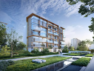 Modern Residential Building Exterior Featuring Large Glass Windows Wooden Structure Greenery Lawns Pathways Water Features 3d model