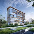 Modern Residential Building Exterior Featuring Large Glass Windows Wooden Structure Greenery Lawns Pathways Water Features