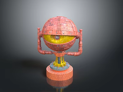 Industrial Mechanical Spherical Structure With Red Pipes Yellow Section And Orange Base 3d model