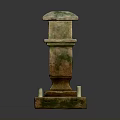 Traditional Sculpture Carving Featuring Green Roof Multi Tiered Structure And Base Small Candle Like Objects