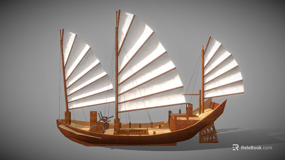 Wooden Junk Sailboat Model With Multiple White Sails And Traditional Hull Design 3d model 