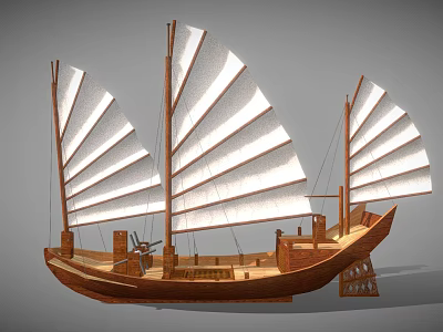 Wooden Junk Sailboat Model With Multiple White Sails And Traditional Hull Design 3d model