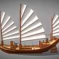 Wooden Junk Sailboat Model With Multiple White Sails And Traditional Hull Design