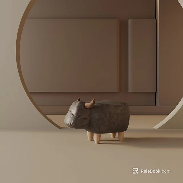 Modern Living Room Decor With Hippo Shaped Leather Side Table And Wooden Legs 3d model 