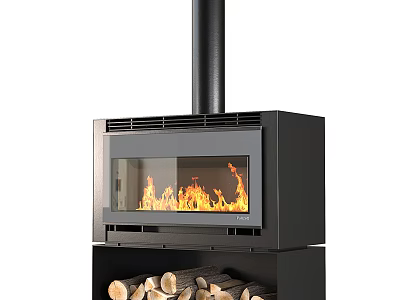 Modern Black Fireplace With Glass Door And Burning Flames Below Stacked Firewood Design 3d model