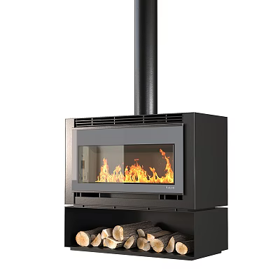 Modern Black Fireplace With Glass Door And Burning Flames Below Stacked Firewood Design 3d model