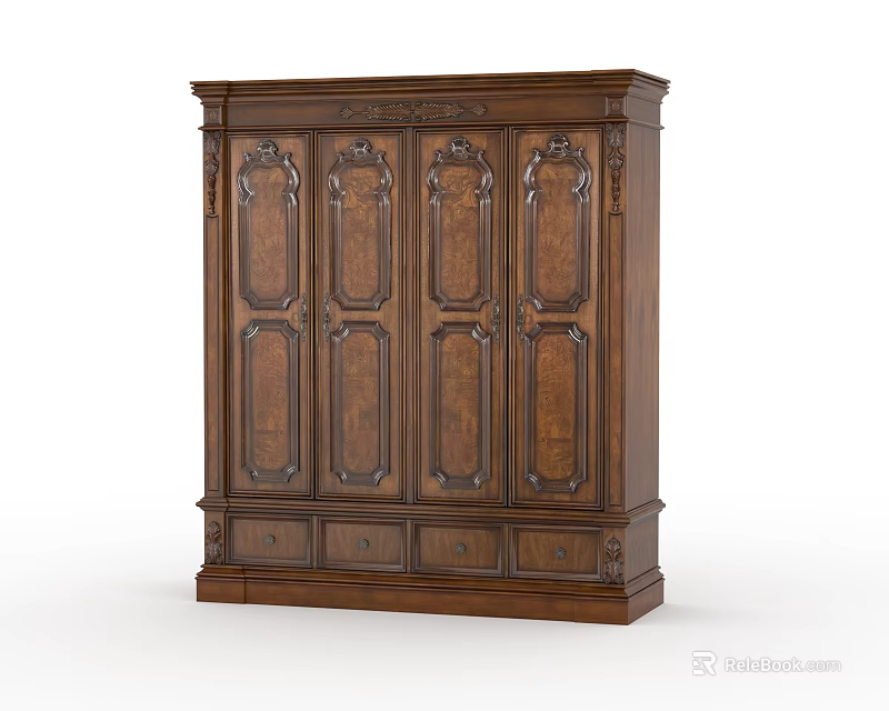 Traditional Solid Wood Wardrobe With Intricate Carved Doors And Bottom Storage Drawers Design 3d model 
