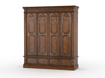 Traditional Solid Wood Wardrobe With Intricate Carved Doors And Bottom Storage Drawers Design 3d model